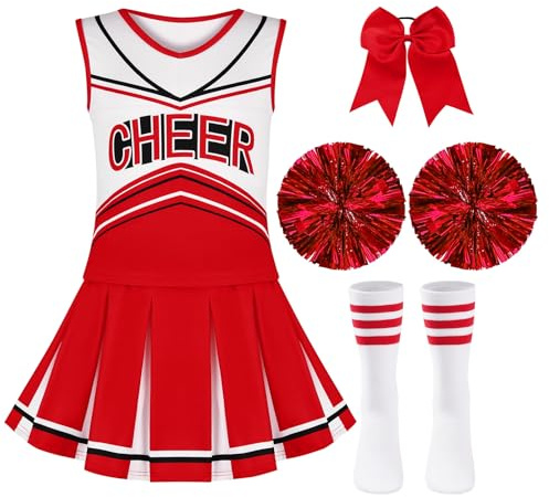 Cheerleader Costume for Girls 6-12 Years 7Pcs Cheer Uniform Set with Pom Poms Hair Bows Socks Cheerleading Outfit for School Sports Halloween Party
