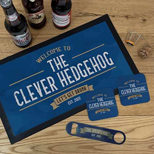 Personalised Bar Accessories For Home Pub - Bar Gift Set Elevate your home pub accessories with our premium Personalised Bar Accessories Gift Set. (Bar Mat, Opener & 2 Coasters)