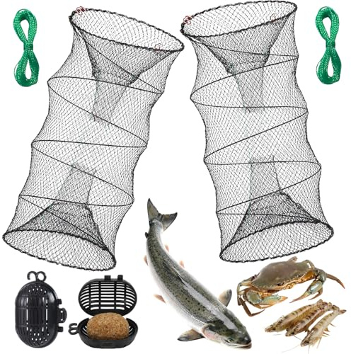 XEIYEI Fischreuse Set, 2 Stück Faltbare Krebsreuse mit Futtertasche, 30x60cm Aalreuse für Fischfang, Garnelen und Krabben
