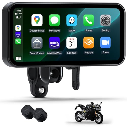6.25 Inch Motorcycle CarPlay & Android Auto Display – IP67 Waterproof Touchscreen with Two TPMS, Dual Bluetooth, TF Card, GPS Navigation, Voice Control, Universal Mount