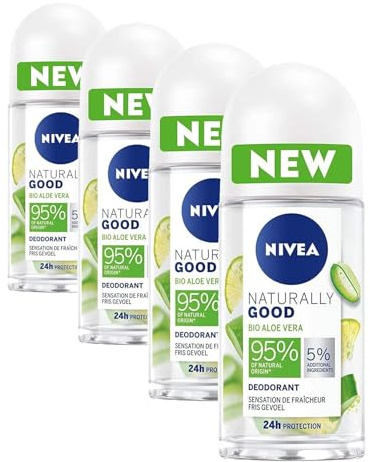 NIVEA NATURALLY GOOD Déodorant Femme Aloe Vera Bio Bille 50 ml, déodorant avec 95% d’ingrédients d’origine naturelle, roll-on fraîcheur 24h (Lot de 4)