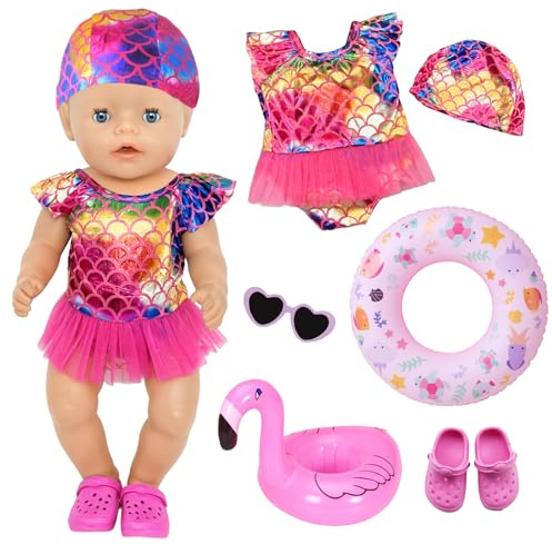 6 Stück Meerjungfrauen Puppenkleidung 43 cm für 14-18 Zoll Baby Puppen, Rosa Schwimm Set mit Badeanzug Schwimmring Sonnenbrille Hausschuhen für 36-45 cm Puppenzubehör Mädchen Geschen