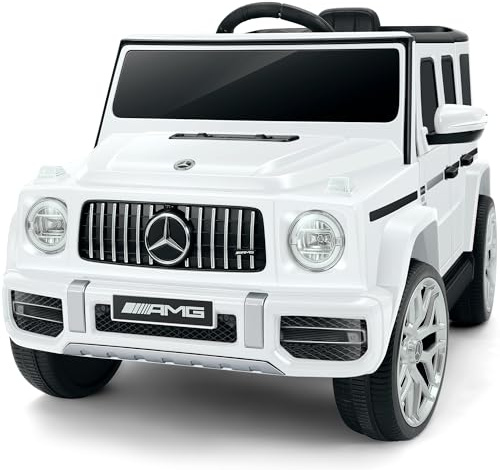 ELEMARA Lizenzierter Mercedes AMG G63 Kinder elektroauto,12V Kinder Auto Elektro mit Eltern-Fernbedienung,Wiederaufladbare Batterie,Blink/LED-Lichter, Bluetooth,Musik & Hupe,Batterielow-Meldung,Weiß