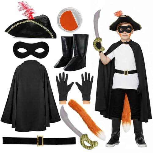 Kids Deluxe 9-Piece Cat Bandit Costume Set – Includes Black Cape, Mask, Hat, Tail, Inflatable, Gloves, Face Paint & Belt – Feline Hero Outfit for World Book Day & Halloween Childs Fancy Dress Costume
