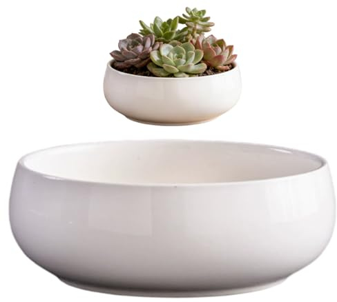 Bemonew Maceta con forma de loto, maceta de cerámica de 16,5 cm, minimalista y poco profunda, maceta de flores para interior y exterior, decoración del hogar, blanco