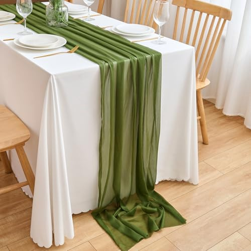 CHUQING Chiffon Tischläufer Hochzeit Tischdeko Stoff Tischdecke Moosgrün | Chiffon Tischläufer 70 cm breit und 3 m lang für Hochzeit, Tischdeko und festliche Tafeln