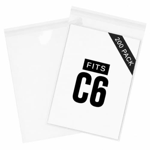 HNTR C6 Cello Bags for Greeting Cards | 200 Pack | 120x170 mm | 40 Micron | Crystal Clear Self Seal Sleeves | C6 Cellophane Bags