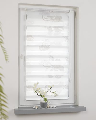 DECOLIA by Garesa Duo Rollo - Doppelrollo Klemmfix ohne Bohren 100 x 150 cm, Weiß/Taupe mit Blumen - Fenster Sichtschutz und Lichtschutz, Mit Kettenzug