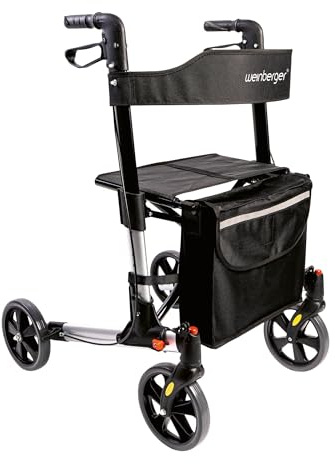 Weinberger Rollator faltbar und leicht mit Sitz | Tasche, Stockhalter, Griff, klappbar für alle Gelände | Höhenverstellbarer Indoor & Outdoor Rollator für Senioren | Gehhilfe, schmal, schwarz