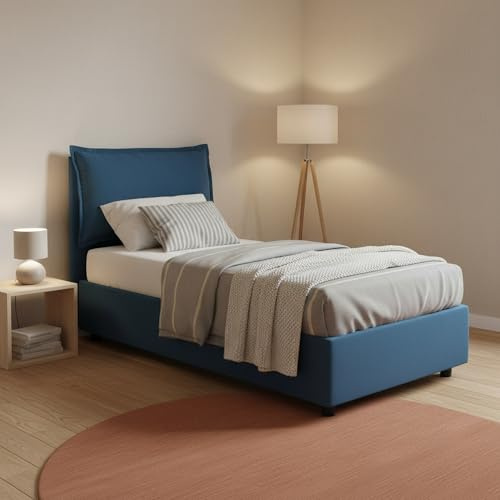 Talamo Italia - Luna Einzelbett, Bettkasten mit Stoffbezug, 100 % Made in Italy, seitliche Öffnung, geeignet für Matratze 80x190 cm, Blau