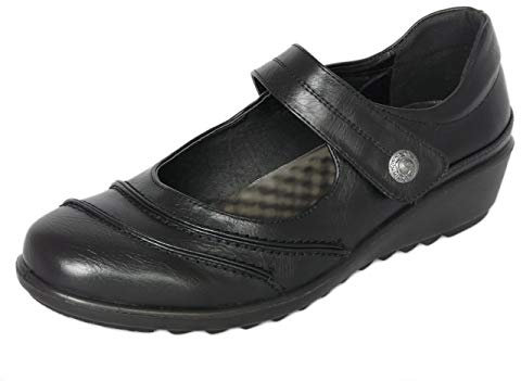 Cushion Walk Women's Ladies EEE Extra Wide Fit Mary Jane Bar Shoes, Lightweight Black Faux Leather Low Wedge Flats, Casual Work Office Nurse Comfort Shoes (Black, 7)