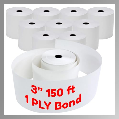 Pokanic 3 x 150' 1 Ply Bond White Paper Rolls Kitchen Receipt POS Cash Register Compatible with Clover Epson SNBC Star Sam4s Ellix Bixolon Impact Printers SP700 ERC30 34 38 TMU200 (10)