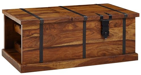 FineBuy Couchtisch Sheesham Massivholz Truhe mit Stauraum & Weinregal · Wohnzimmertisch aus Echtholz mit Metallbeschlägen · Handgefertigt · Truhentisch 100x60x40 cm Braun