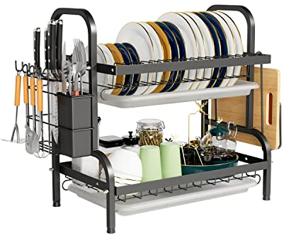 NETEL Égouttoir à 2 Niveaux, Égouttoir à Vaisselle avec égouttoirs Support de Planche à découper Support de Couverts Support de gobelets Panier à Vaisselle, Noir