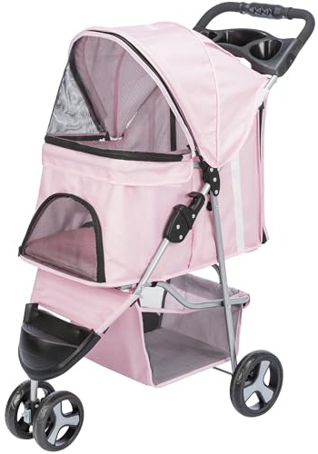 TRIXIE Passeggino pieghevole per cani e gatti, trasportino per animali domestici, con copertura per le intemperie, cestino portaoggetti, portabicchieri, rosa