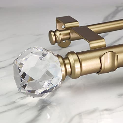ILAISIHOME Double Curtain Rod Set:1-1/8 Inch Diameter Luxury Gold Curtain Rods,72-144 Inch Adjustable Gold Drapery Rod with Crystal-clear Faceted Finials for 1 Pack