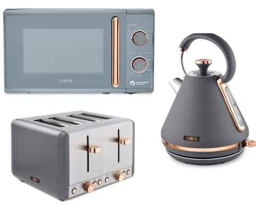 Tower Cavaletto Grey & Rose Gold 3KW 1.7L Pyramid Kettle, 4 Slice 1800W Toaster & 800W 20L Microwave. Contemporary Matching Kitchen Electrical Set in Grey & Rose Gold