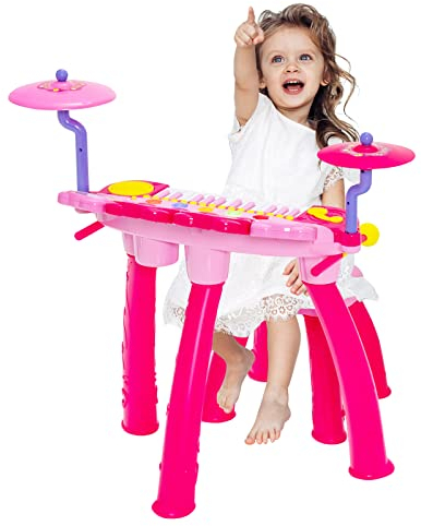 COSTWAY Kinder-Keyboard mit 24 Tasten & Trommel, elektrisches Keyboard-Set mit Hocker, Mikrofon, MP3, LED-Leuchten, Aufnahme/Wiedergabe, pädagogisches Musikinstrument für Kinder (Rosa)