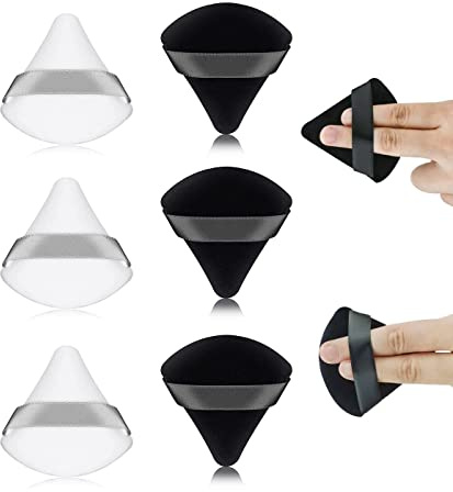 Lot de 6 Houpette à Poudre, Bouffées de Poudre de Maquillage en Coton Lavable Utilisation Humide Sèche Triangle Puff Cosmétique avec Sangle pour Visage Maquillage Poudre Libre (Noir Blanc)
