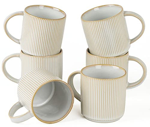 famiware Juego de tazas de café para 6, tazas de catering de 12 onzas con asa para café, té, cacao, leche, capuchino blanco