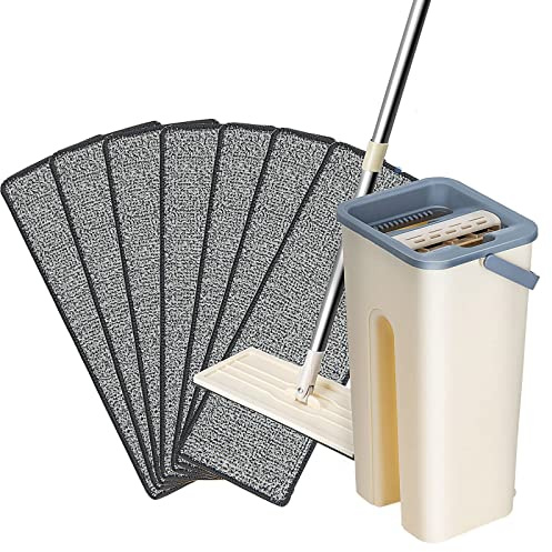 Queiting Mop and Bucket Set, Floor Mop and Bucket with 7 Replacement Machine Washable Microfibre Mop Pads, 360° Flat Squeeze Mop Home Floor Tiles Cleaning Wet Dry Cleaning Buckets