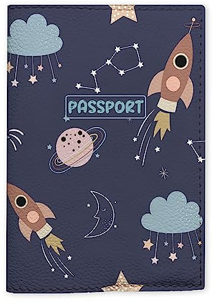 Soporte para pasaporte para niños, funda de cuero vegano para pasaporte, regalo de cumpleaños para niños y niñas, azul espacio, Talla única, Moderno