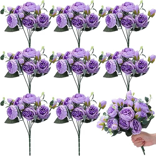 Yunsailing Confezione da 8 fiori di peonia artificiali, ortensie in seta, vintage, decorazione per matrimoni, casa, tavolo, riutilizzabili, per festa della mamma, matrimonio, compleanno (viola,