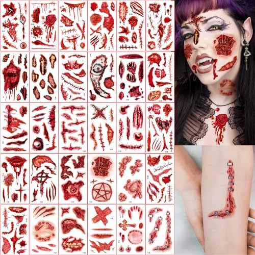 Halloween Tattoo, 30 Stück Realistisch Wirkende Narben Wunden Temporäre Tattoo, Schaurig Blutige Zombie Vampir Tattoo für Cosplay Karneval Party Deko Kinder Erwachsener Make up Requisiten Mottoparty
