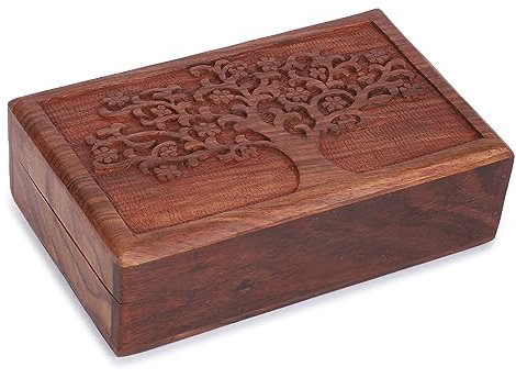 Ajuny Hand Carved Wooden Decorative Treasure Chest Box - Multipurpose Use Jewelry Storage Case Organizer Keepsake Watch Box Great for Gifts - Brown, 8X5 Inch