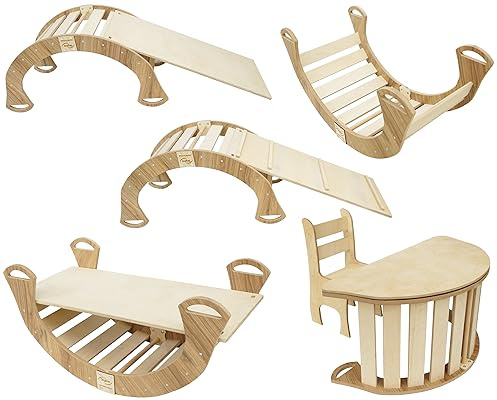 Kletterbogen Bogenwippe Holzwippe Montessori Spielzeug Baby Kinder 5in1 Kletterbogen Rutsche Kletterwand Balanceboard Indoor Bogenwippe Holz Klettergerüst Wippe Holz Kletterdreieck Kinderzimmer Groß L