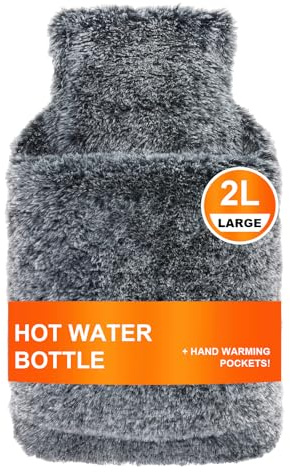 Bonilife Hot Water Bottle with Cover, 2L Large Hot Water Bottle for Period, Neck, Back Pain Relief, Fluffy Hot Water Bag with Cosy Hand Warmer Pocket Cover for Men Women Adult Kids-Black