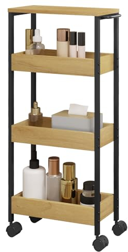 EUGAD Rollwagen, Küchenwagen, mit 3 Ablagen, Arbeitsplatte, Servierwagen schmal, Nischenregal mit Rollen, Nischenwagen, Badregal, platzsparend, 15x82x40 cm, schwarz helle Eiche