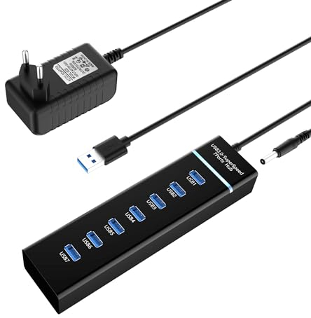 Hub 3.0 Attivo con Alimentatore - 7 Porte USB Splitter Extender, Multi Adapter per PC, Laptop, Flash, HDD Mobile