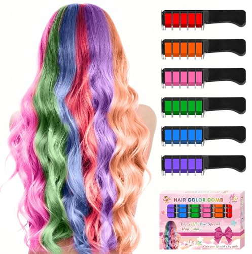 6 Color New Hair Chalk Comb Temporary Bright Washable Hair Color Dye for Kids,Washable Hair Chalk for Girls Age 4 5 6 7 8 9 10 New Year Birthday Cosplay DIY(Brown&Orange&Pink&Green&Blue&Purple)