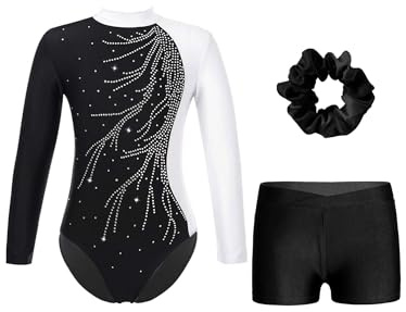 Alvivi Mädchen Turnanzug Glitzer Gymnastikanzug mit Kurze Hose Haarband Langarm Gymnastikbody Turntrikot Gymnastik Kleidung Tanzkostüm