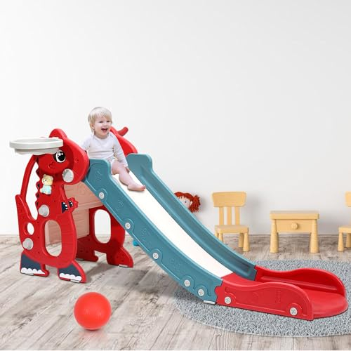 Jayseuw Scivolo pieghevole 4 in 1 per bambini, con cestino da basket, scivolo per interni da 1 anno, scivolo per bambini per interni ed esterni, colore rosso