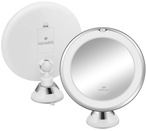 Navaris espejo de maquillaje LED con iluminación giratorio de 360° - aumento de 10x - ventosa - blanco