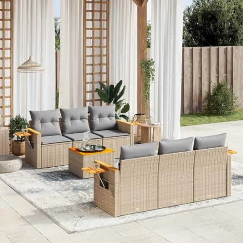 Rantry 7-TLG. Garten Sofagarnitur mit Kissen Gartensofa mit Stauraum Gartenlounge Gartenmöbel Balkonmöbel Loungesofa Rattansofa Ecksofa Sitzgruppe mit Gartentisch Gartenset Beige Poly Rattan