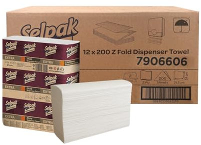 Selpak Toallas de papel profesionales plegables en Z, toallas de mano de papel de 2 capas desechables de 12 x 200 pulgadas, (total 2400), toalla de papel blanca absorbente, ideal para