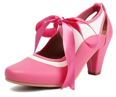 elerhythm Mary Jane Two Tone Lace Up Chiuso Punta Rotonda Vintage Tacchi Gatsby 1950 décolleté anni '20 vittoriane Retro Scarpe, Colore: rosa., 38 EU