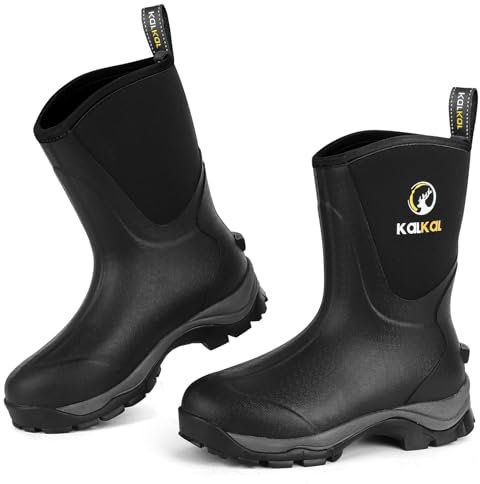 Kalkal Gummistiefel für Damen, wasserdicht, mittlere Wade, Regenstiefel, leicht, 6 mm, Neopren, isoliert, Damen-Arbeitsstiefel für Garten, Bauernhof, Hausarbeit, Schlammstiefel (Größe 39-45), Schwarz,