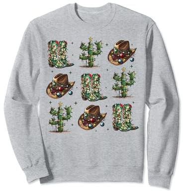 Retro Cowboy Boots Hats Cactus Christmas Tree Lights Western Sweatshirt