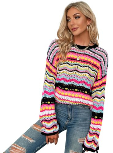 IBAKOM Pull au Crochet Vintage Manches Longues col Rond Rainbow Stripe Pull pour Femmes Haut en Tricot d�Contract� Noir L