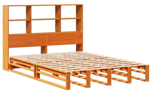 vidaXL Massivholzbett, Bett mit Bücherregal ohne Matratze, Holzbett Bettgestell mit Lattenrost, Palettenbett Doppelbett für Schlafzimmer, Wachsbraun 160x200cm