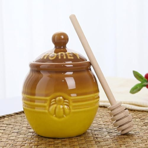 Lot de 2 pots à miel en céramique de 350 ml avec bâtonnet en bois en forme d'abeille pour cuisine, décoration, bar à café/thé, pot à miel en porcelaine pour fête des mères, épouse (1)