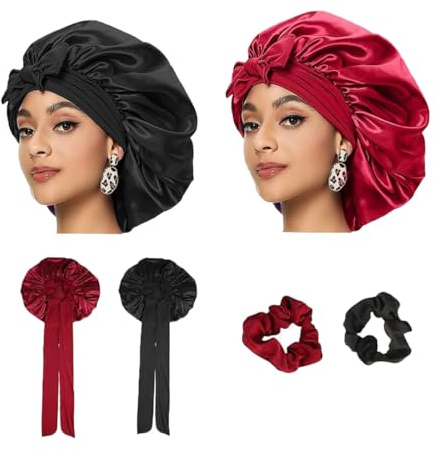 Aililong Seidenhauben zum Schlafen, Groß, Schwarz/Rot, 2 Stück | Silk Bonnet, Satin Schlafhaube, Haarschutz für die Nacht, Locken Sleep Cap, Für Lange Haare