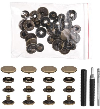 sourcing map Set di 25 bottoni a pressione in pelle da 17 mm, in metallo, rivetti in pelle, con 3 strumenti per vestiti, giacche, jeans, borse, colore: bronzo