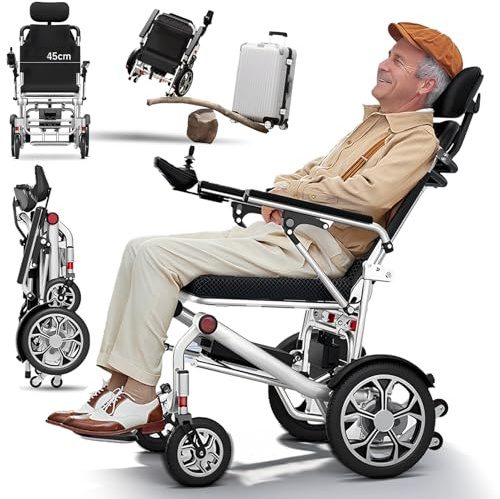 Bueuwe Leichter Elektrorollstuhl faltbar 15,9 kg mit 25 km Reichweite 12Ah | 150 kg Tragkraft mit abnehmbarer Kopfstütze | Für Senioren und Erwachsene, ideal für Reisen | Outdoor und den Alltag