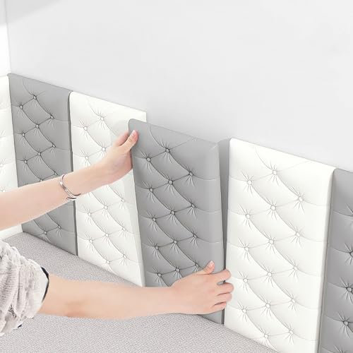 Wandpaneele Gepolstert Selbstklebend, Wandschutz Bett Kopfteil, 60 cm x 30 cm Polsterpaneel, Bett Wandpolster, Akustikpaneele, Weiche Wandaufkleber für Das Bett, 3D-Schaum-Dado(Grau,4 pcs)