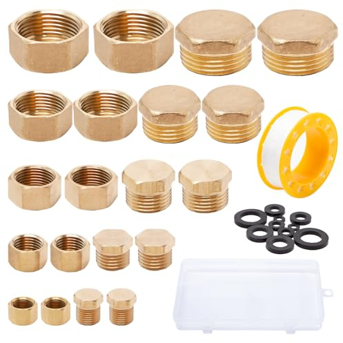 Neikafan 20Pieza Tapón Radiador Ciego Hembra de 1/8 1/4 3/8 1/2 3/4Pulgadas | de Rosca Internas y Externas, Tapon Ciego Tuberia Agua con Arandela y Cinta de Teflón Tapón Tubería Gas